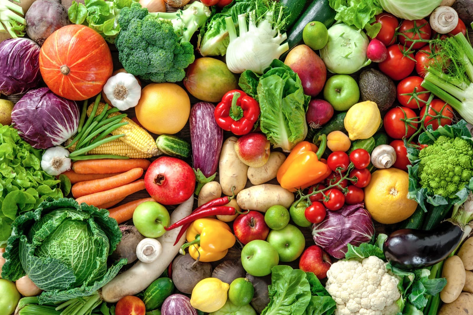 A colourful spread of fresh vegetables and fruit