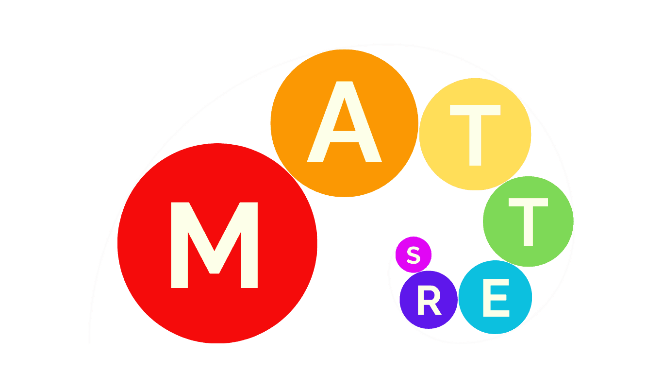 The M.A.T.T.E.R.S. letters in colourful dots of varying sizes