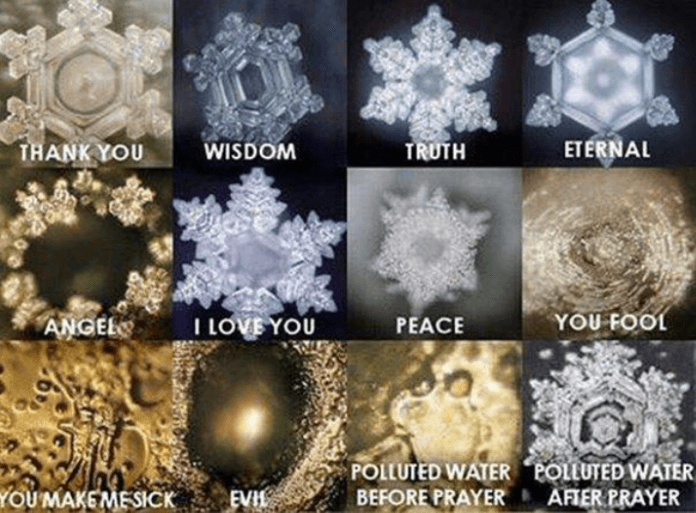Masaru Emoto's water crystal photographs formed under words such as thank you, wisdom, truth, love and peace