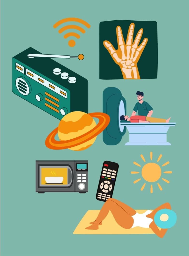 Illustrations of everyday energy: WiFi, radio, X-ray, MRI scanner, microwave, TV remote and sunbathing