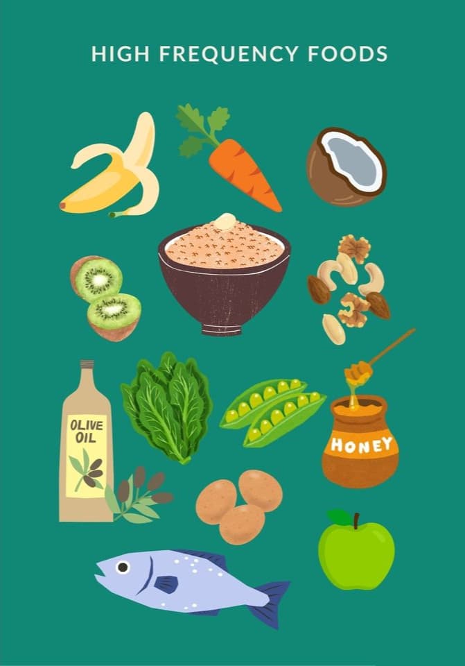 Illustration of high frequency foods: fruit, vegetables, nuts, honey, eggs, olive oil and fish