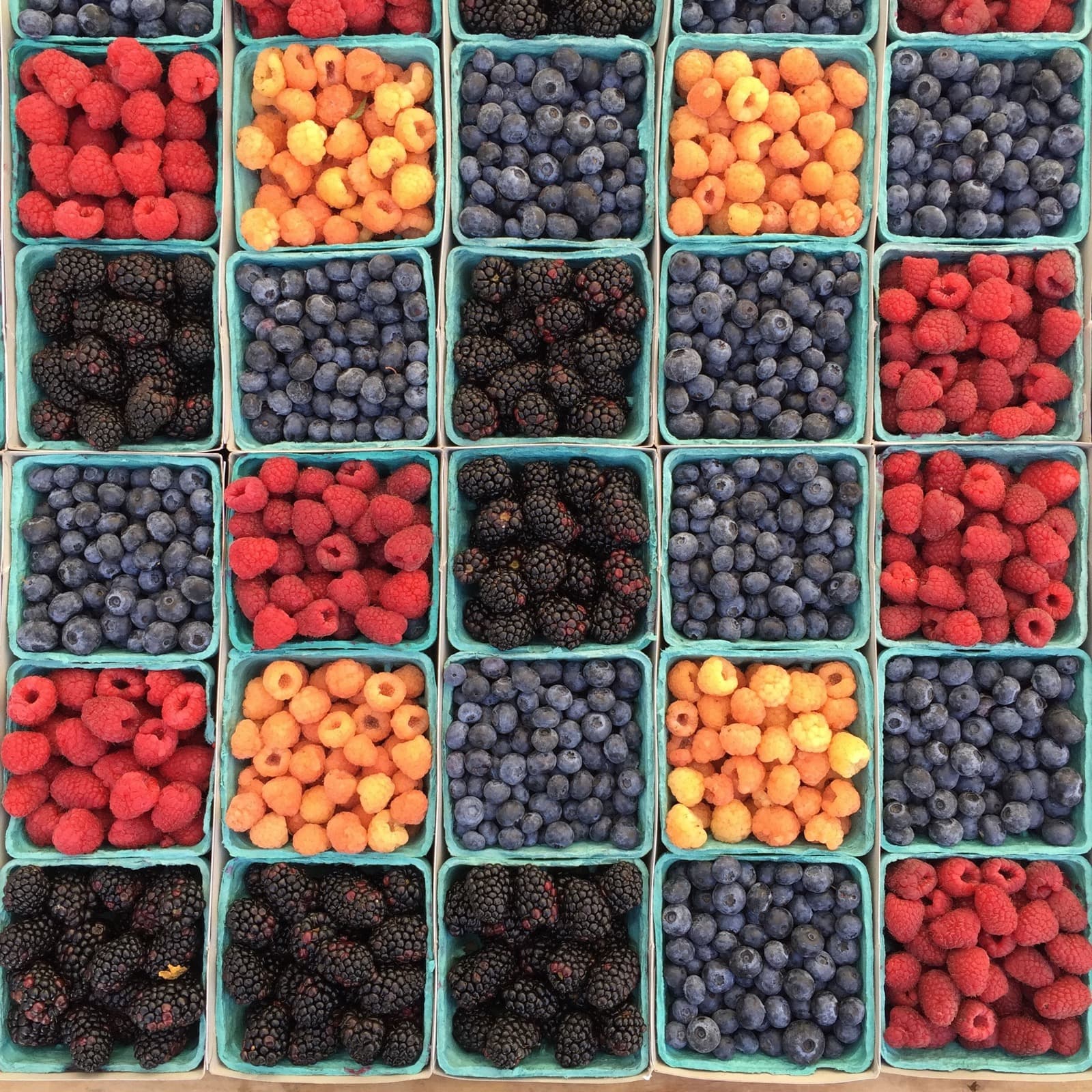 Punnets of raspberries, blueberries and blackberries seen from above