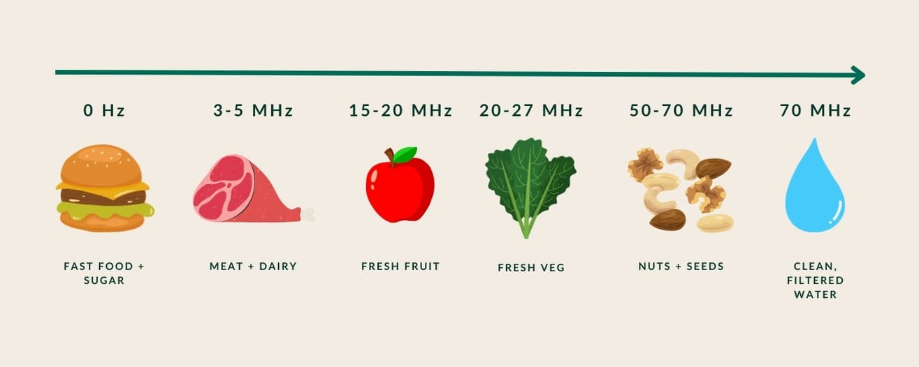 A frequency scale from 0 Hz to 70 MHz — fast food and sugar at the low end, rising through meat and dairy, fresh fruit, fresh veg and nuts and seeds, to clean filtered water at the high end