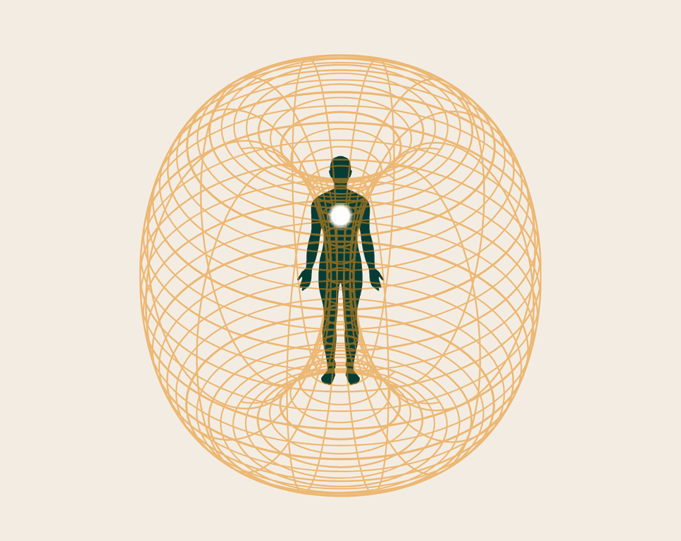 Illustration of a human figure standing within a golden toroidal energy field